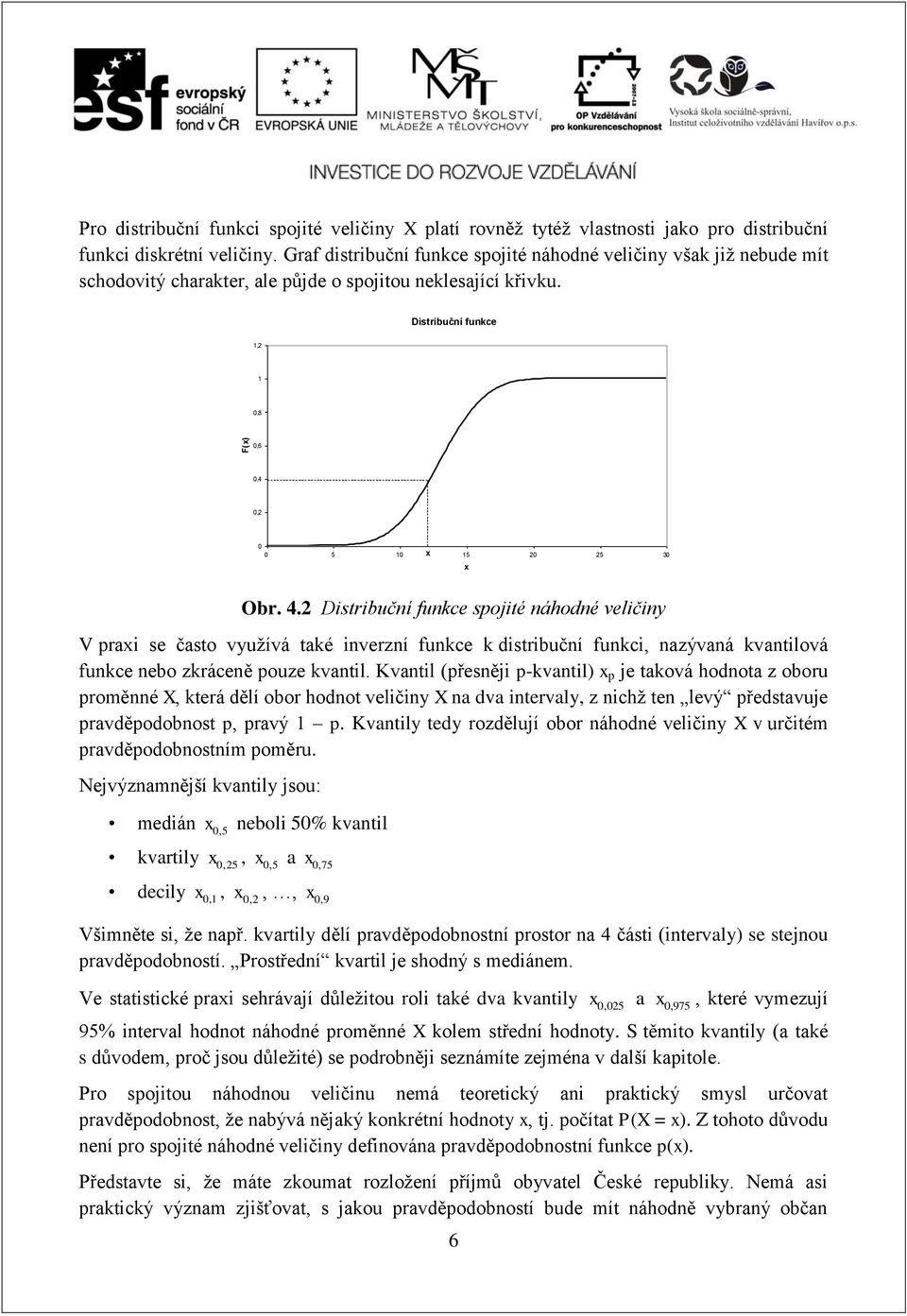 4.2 Distribuční funkce spojité náhodné veličiny V prai se často využívá také inverzní funkce k distribuční funkci, nazývaná kvantilová funkce nebo zkráceně pouze kvantil.