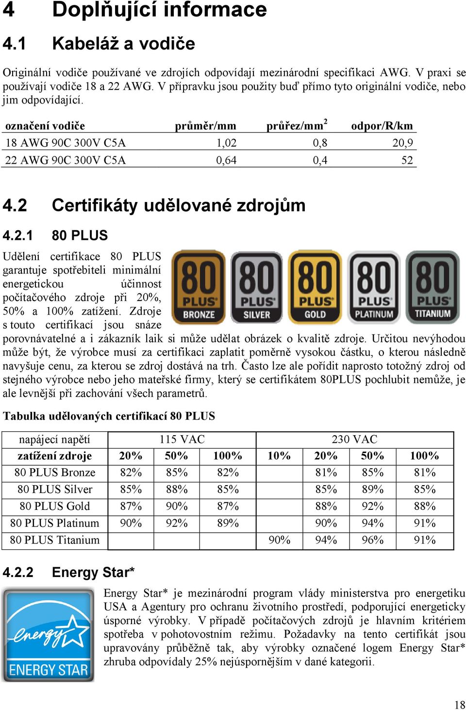 2 Certifikáty udělované zdrojům 4.2.1 80 PLUS Udělení certifikace 80 PLUS garantuje spotřebiteli minimální energetickou účinnost počítačového zdroje při 20%, 50% a 100% zatížení.