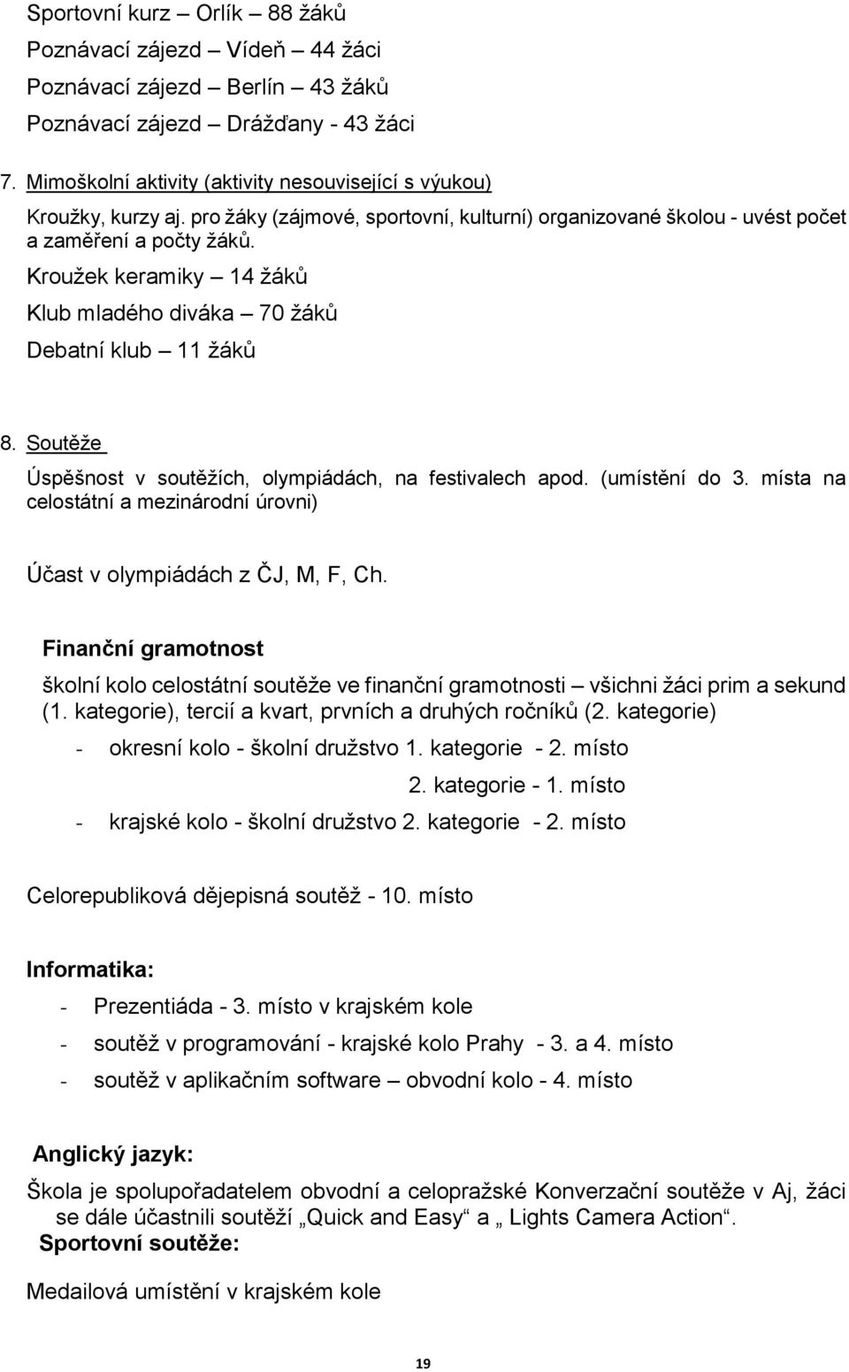 Kroužek keramiky 14 žáků Klub mladého diváka 70 žáků Debatní klub 11 žáků 8. Soutěže Úspěšnost v soutěžích, olympiádách, na festivalech apod. (umístění do 3.