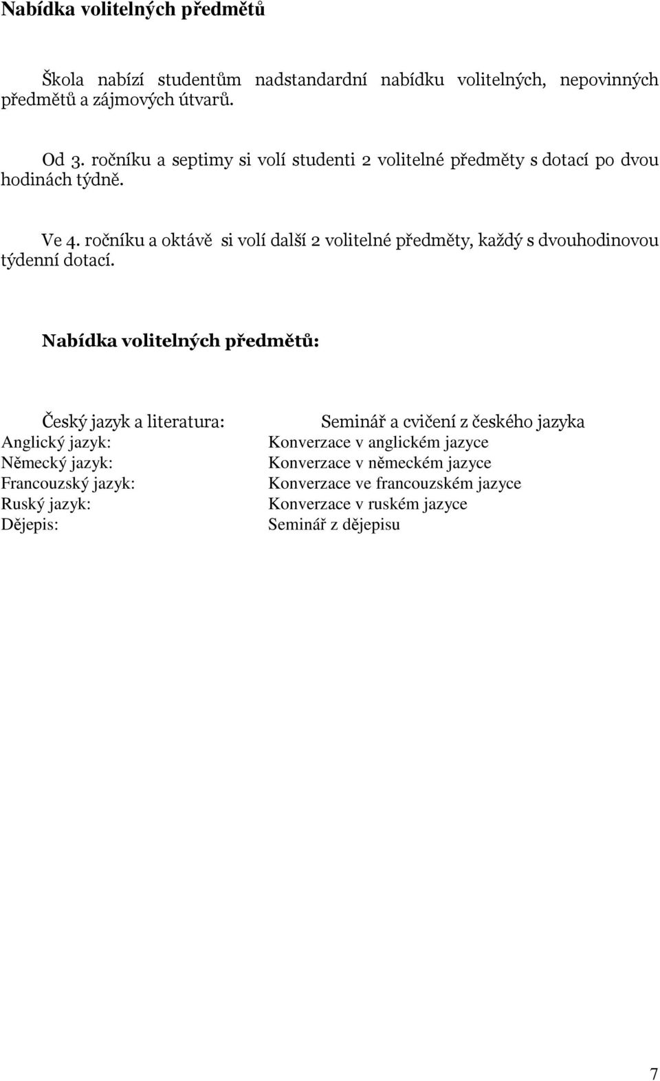 ročníku a oktávě si volí další 2 volitelné předměty, každý s dvouhodinovou týdenní dotací.