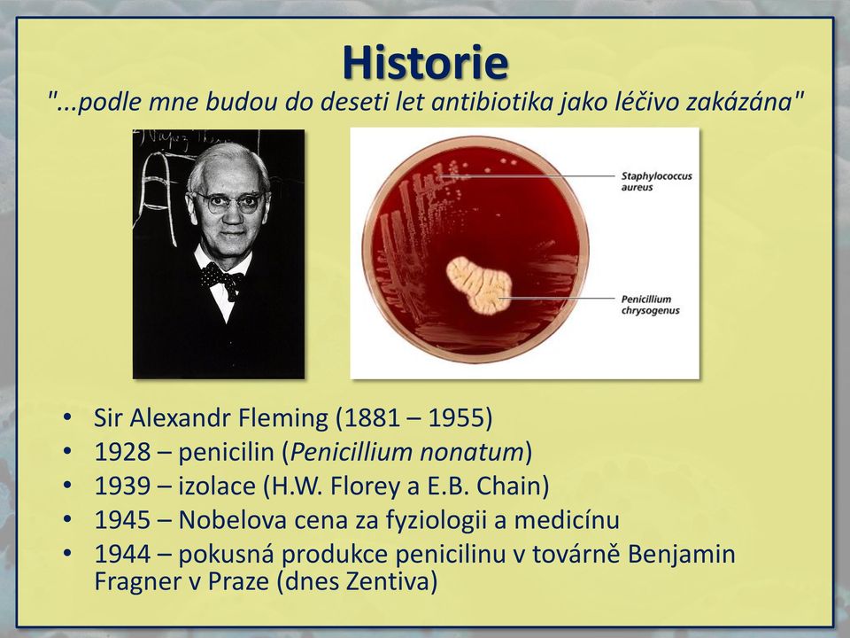 Fleming (1881 1955) 1928 penicilin (Penicillium nonatum) 1939 izolace (H.W.