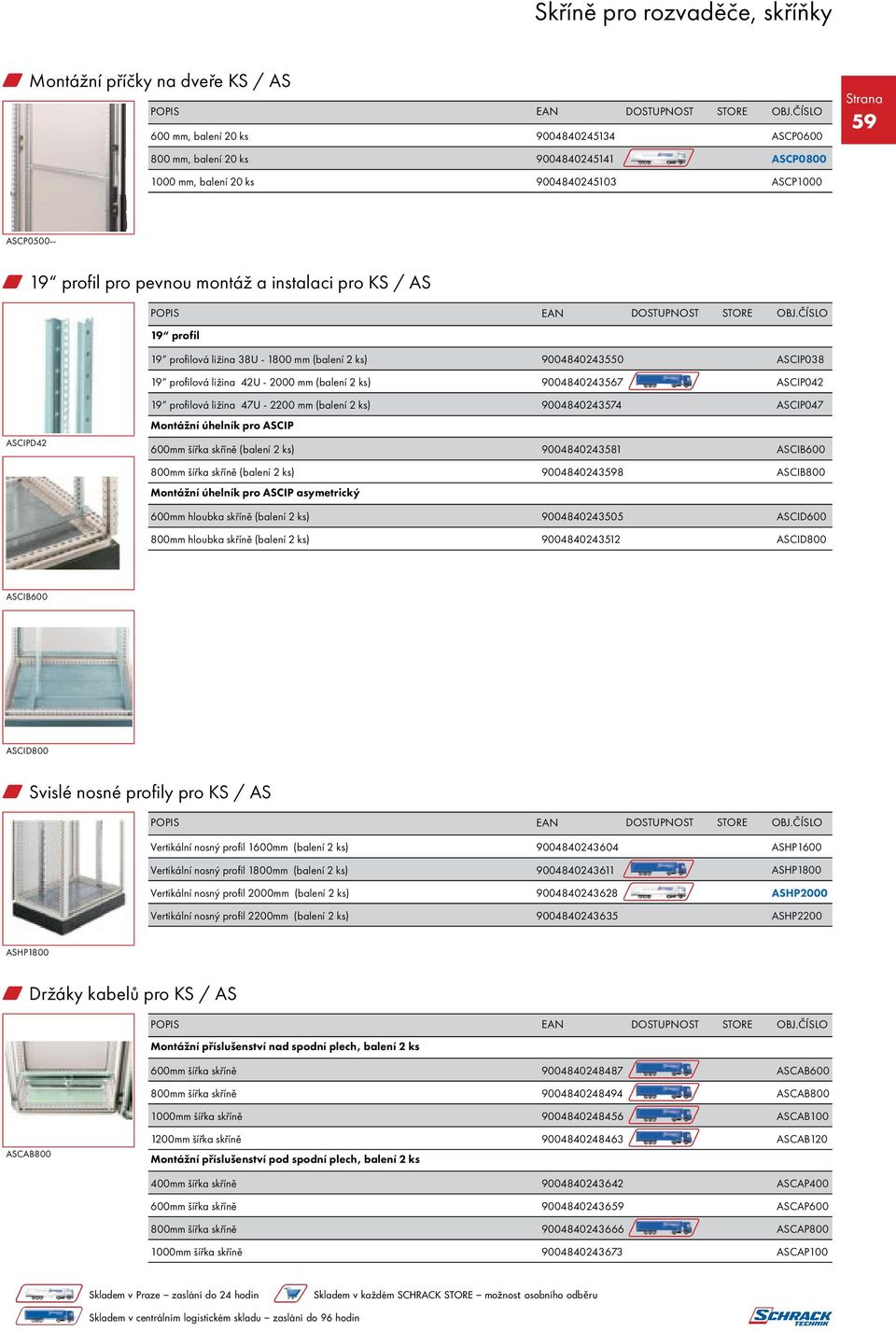 19 profilová ližina 47U - 2200 mm (balení 2 ks) 9004840243574 ASCIP047 Montážní úhelník pro ASCIP 600mm šířka skříně (balení 2 ks) 9004840243581 ASCIB600 800mm šířka skříně (balení 2 ks)