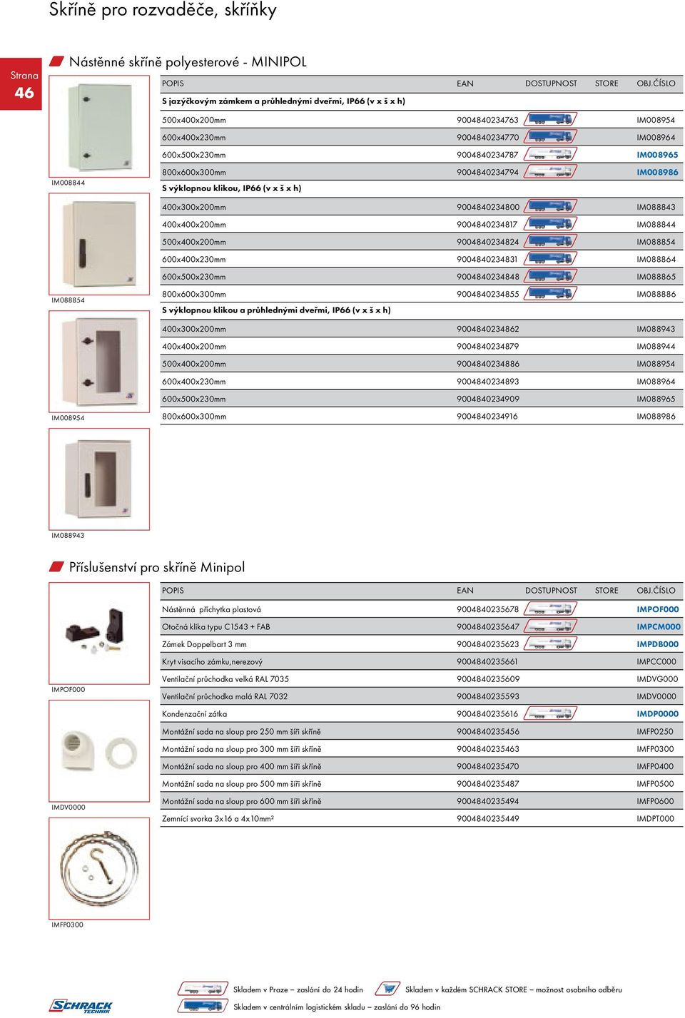 9004840234824 IM088854 600x400x230mm 9004840234831 IM088864 600x500x230mm 9004840234848 IM088865 IM088854 800x600x300mm 9004840234855 IM088886 S výklopnou klikou a průhlednými dveřmi, IP66 (v x š x