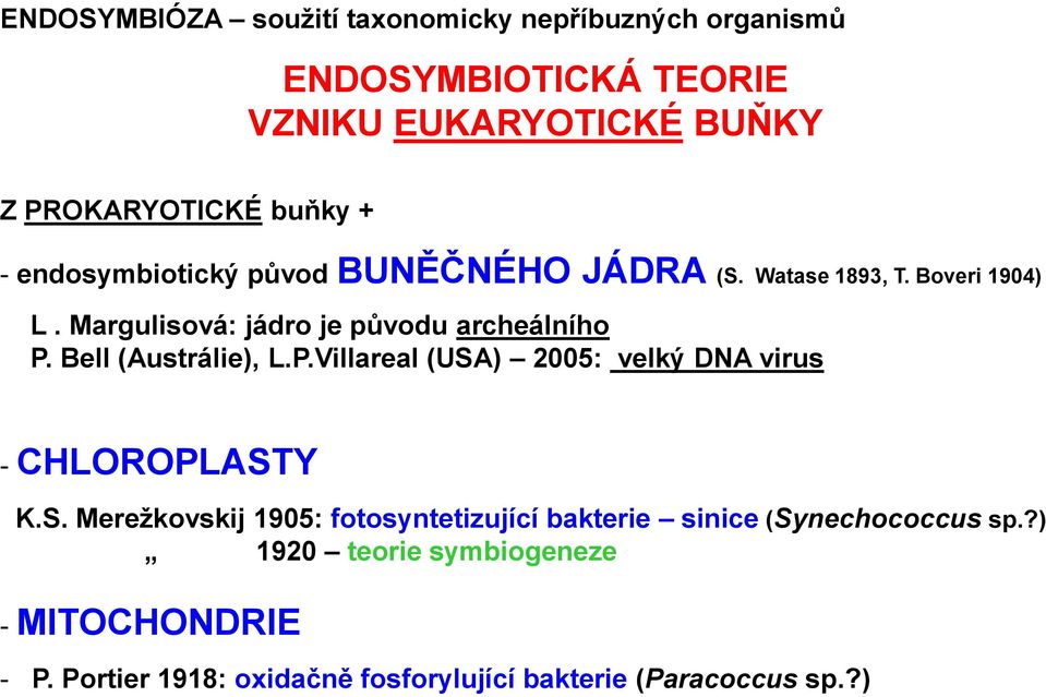 Bell (Austrálie), L.P.Villareal (USA) 2005: velký DNA virus - CHLOROPLASTY K.S. Merežkovskij 1905: fotosyntetizující bakterie sinice (Synechococcus sp.