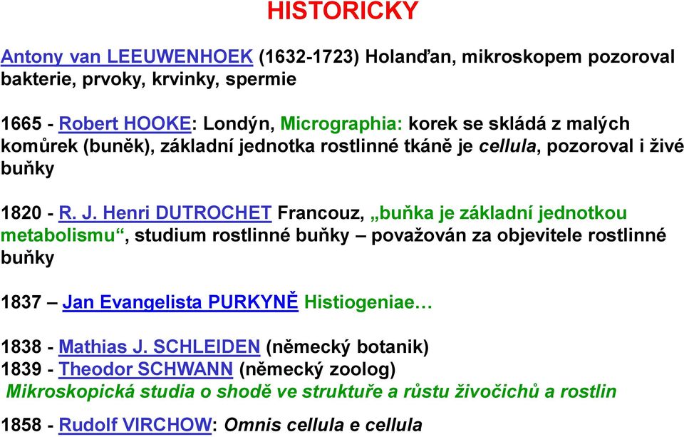 Henri DUTROCHET Francouz, buňka je základní jednotkou metabolismu, studium rostlinné buňky považován za objevitele rostlinné buňky 1837 Jan Evangelista PURKYNĚ