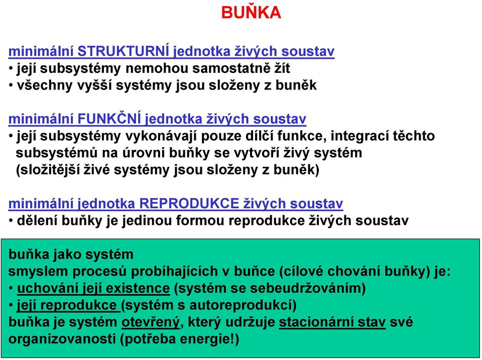 jednotka REPRODUKCE živých soustav dělení buňky je jedinou formou reprodukce živých soustav buňka jako systém smyslem procesů probíhajících v buňce (cílové chování buňky) je: