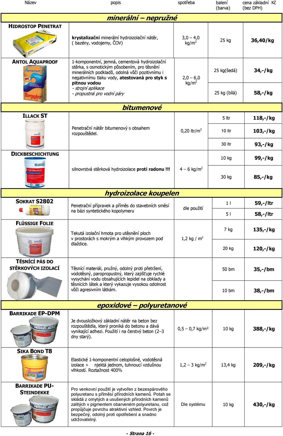 AQUAPROOF 1-komponentní, jemná, cementová hydroizolační stěrka, s osmotickým působením, pro těsnění minerálních podkladů, odolná vůči pozitivnímu i negativnímu tlaku vody, atestovaná pro styk s