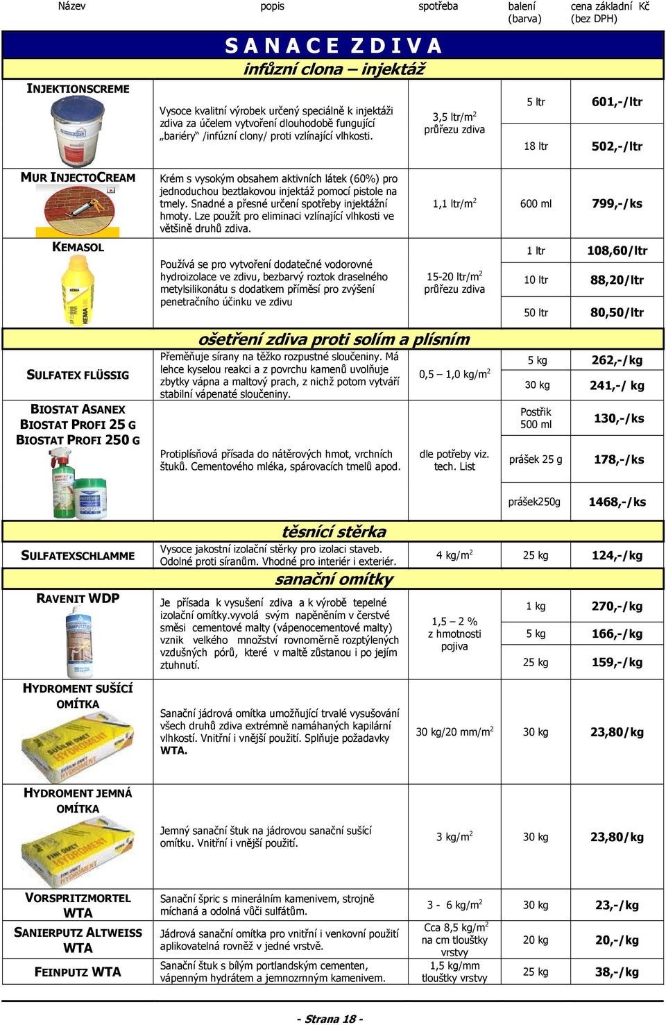 3,5 ltr/m 2 průřezu zdiva 5 ltr 601,-/ltr 18 ltr 502,-/ltr MUR INJECTOCREAM KEMASOL Krém s vysokým obsahem aktivních látek (60%) pro jednoduchou beztlakovou injektáž pomocí pistole na tmely.