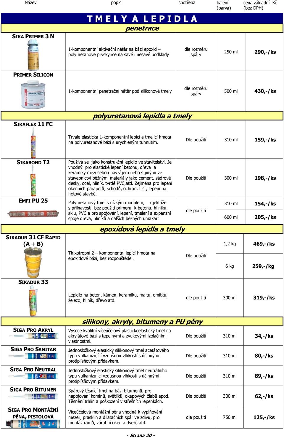 polyuretanové bázi s urychleným tuhnutím. Dle použití 310 ml 159,-/ks SIKABOND T2 EMFI PU 25 SIKADUR 31 CF RAPID (A + B) Používá se jako konstrukční lepidlo ve stavitelství.