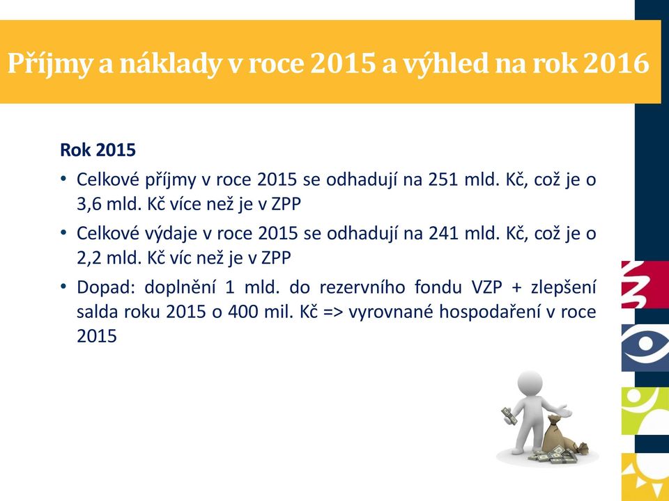 Kč více než je v ZPP Celkové výdaje v roce 2015 se odhadují na 241 mld. Kč, což je o 2,2 mld.