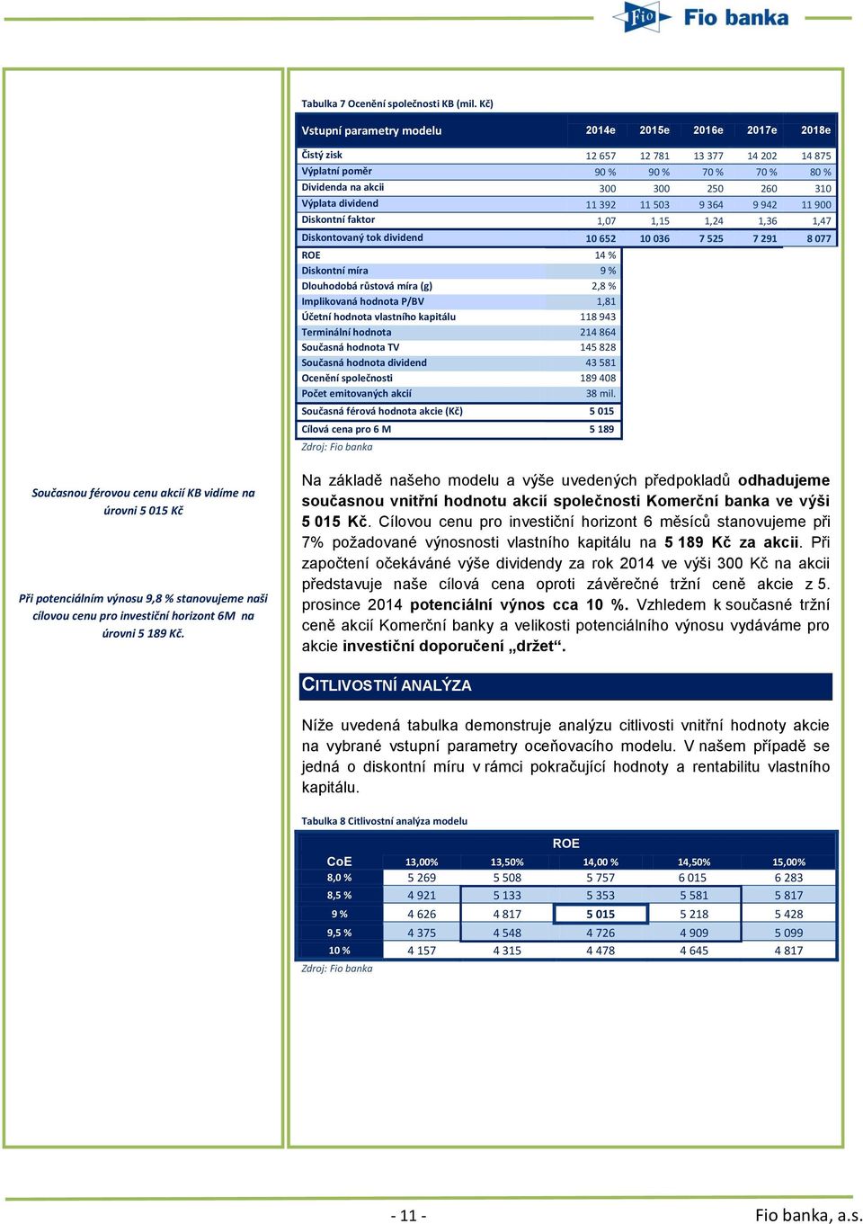 dividend 11 392 11 503 9 364 9 942 11 900 Diskontní faktor 1,07 1,15 1,24 1,36 1,47 Diskontovaný tok dividend 10 652 10 036 7 525 7 291 8 077 ROE 14 % Diskontní míra 9 % Dlouhodobá růstová míra (g)