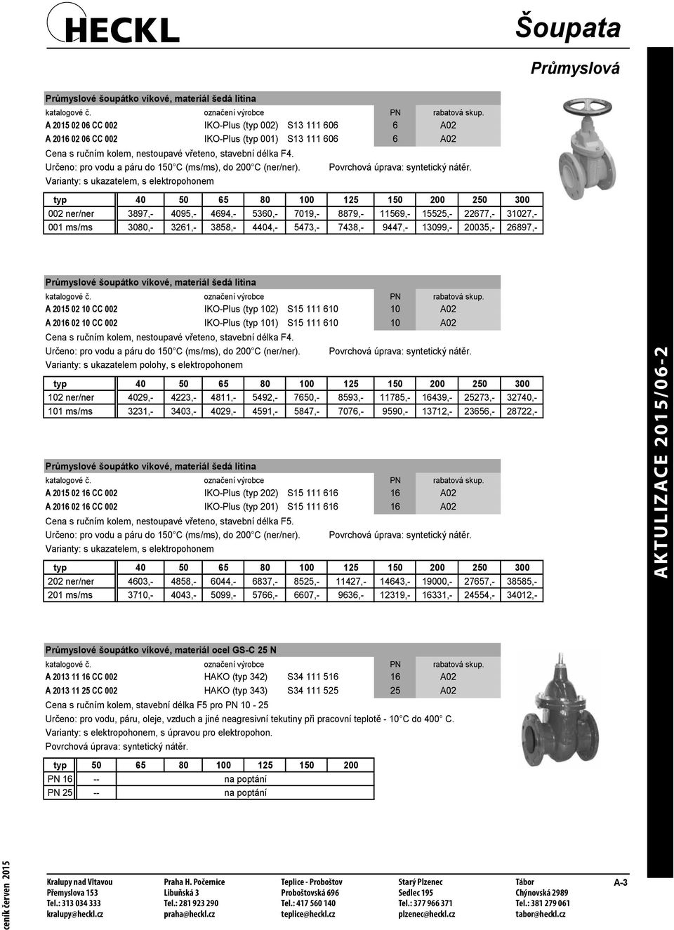 Určeno: pro vodu a páru do 150 C (ms/ms), do 200 C (ner/ner). Varianty: s ukazatelem, s elektropohonem Povrchová úprava: syntetický nátěr.