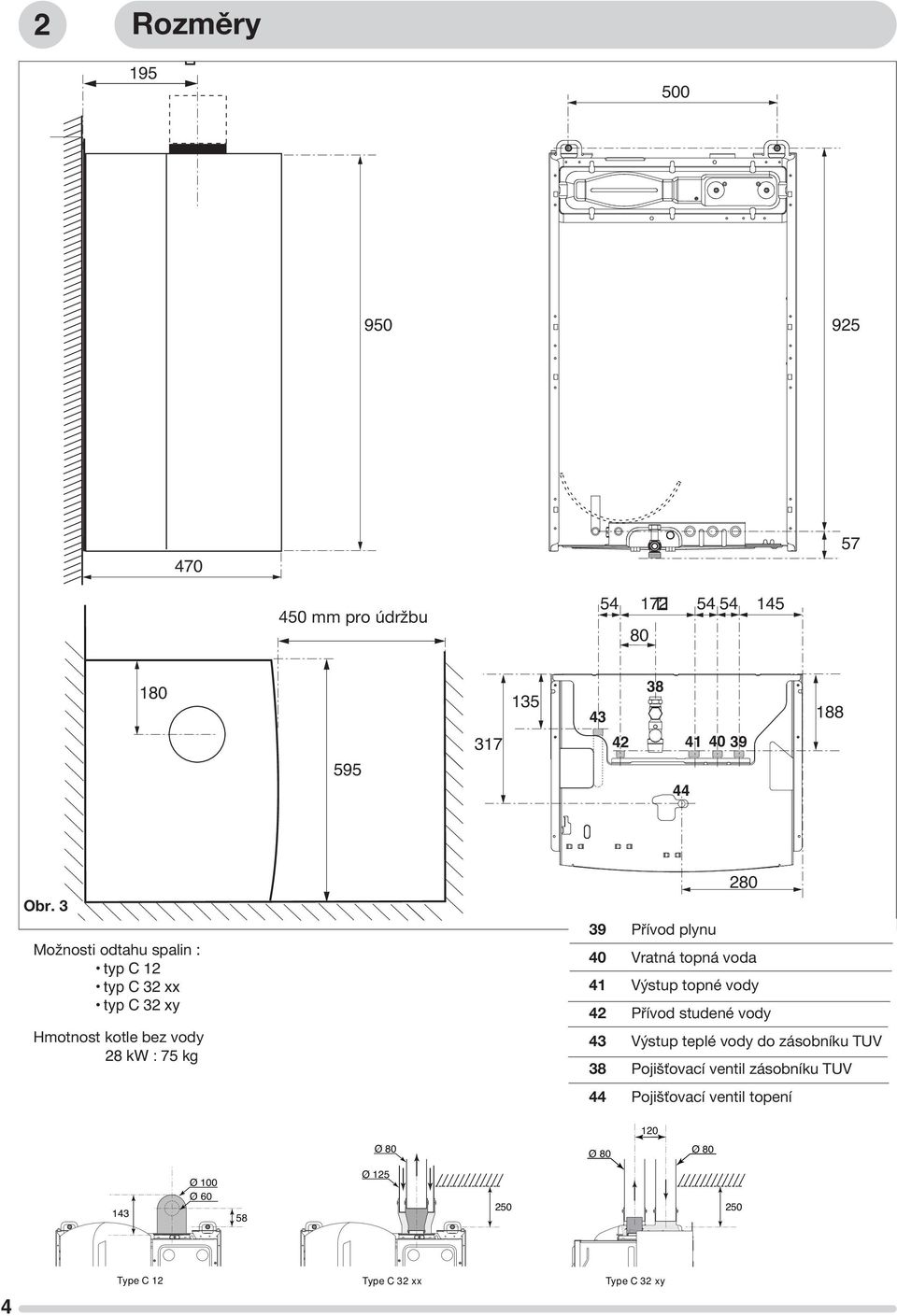 3 Možnosti odtahu spalin : typ C 12 typ C 32 xx typ C 32 xy Hmotnost kotle bez vody 28 kw : 75 kg 280 39 Přívod plynu 40 Vratná