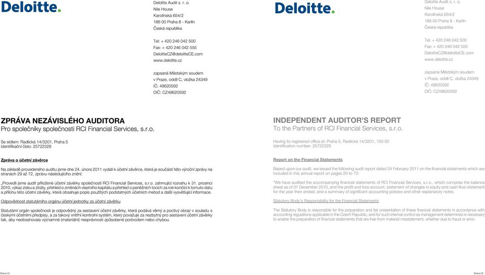 r.o. Se sídlem: Radlická 14/3201, Praha 5 Identifikační číslo: 25722328 INDEPENDENT AUDITOR S REPORT To the Partners of RCI Financial Services, s.r.o. Having its registered office at: Praha 5, Radlická 14/3201, 150 00 Identification number: 25722328 Zpráva o účetní závěrce Na základě provedeného auditu jsme dne 24.