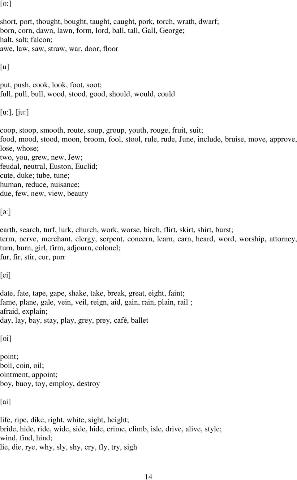 moon, broom, fool, stool, rule, rude, June, include, bruise, move, approve, lose, whose; two, you, grew, new, Jew; feudal, neutral, Euston, Euclid; cute, duke; tube, tune; human, reduce, nuisance;