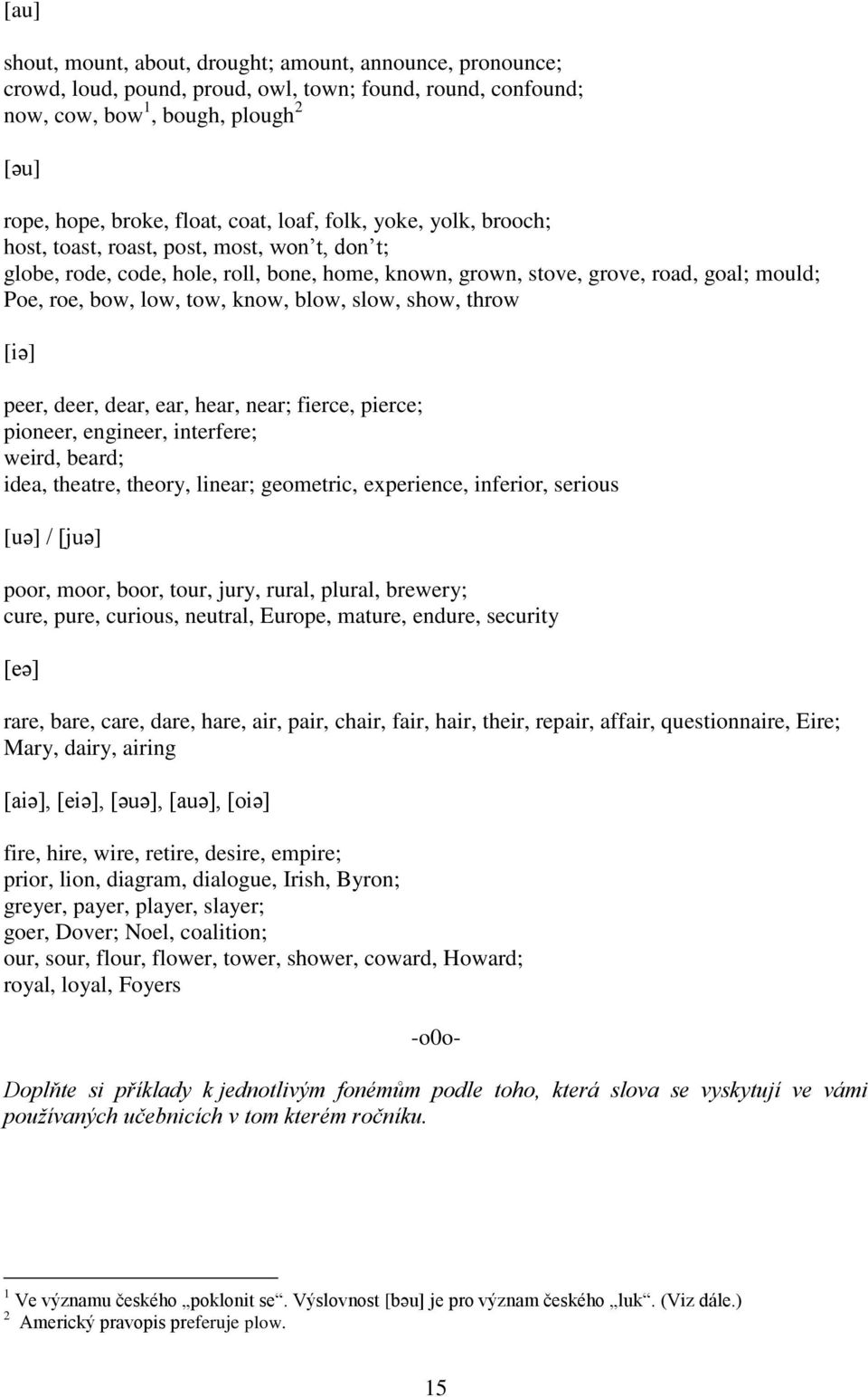 blow, slow, show, throw [iə] peer, deer, dear, ear, hear, near; fierce, pierce; pioneer, engineer, interfere; weird, beard; idea, theatre, theory, linear; geometric, experience, inferior, serious