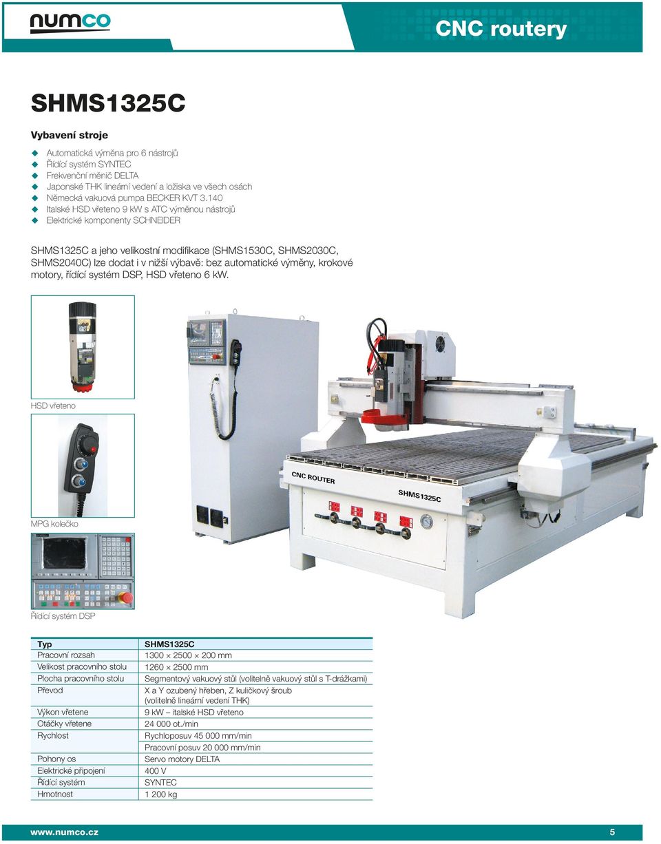 140 Italské HSD vřeteno 9 kw s ATC výměnou nástrojů Elektrické komponenty SCHNEIDER SHMS1325C a jeho velikostní modifi kace (SHMS1530C, SHMS2030C, SHMS2040C) lze dodat i v nižší výbavě: bez