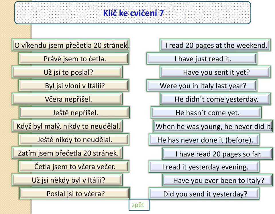 Poslal jsi to včera? zpět I read 20 pages at the weekend. I have just read it. Have you sent it yet? Were you in Italy last year? He didn t come yesterday.