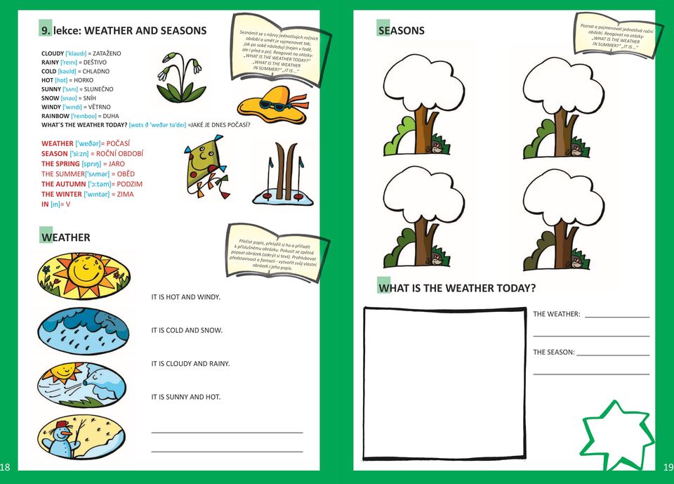 Seznámit se s názvy jednotlivých ročních období a umět je vyjmenovat tak, jak po sobě následují (nejen v řadě, ale i před a po). Reagovat na otázky: WHAT IS THE WEATHER TODAY?