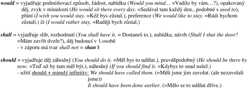 ) shall = vyjadřuje slib, rozhodnutí (You shall have it. = Dostaneš to.), nabídka, návrh (Shall I shut the door? =Mám zavřít dveře?), děj budoucí v 1.