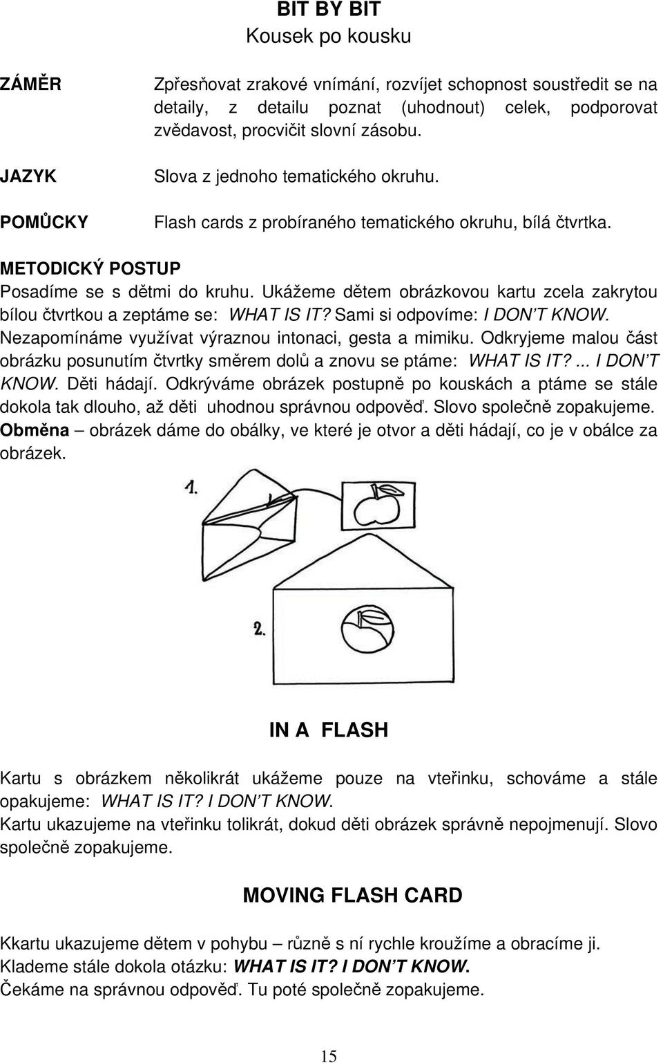 Ukážeme dětem obrázkovou kartu zcela zakrytou bílou čtvrtkou a zeptáme se: WHAT IS IT? Sami si odpovíme: I DON T KNOW. Nezapomínáme využívat výraznou intonaci, gesta a mimiku.