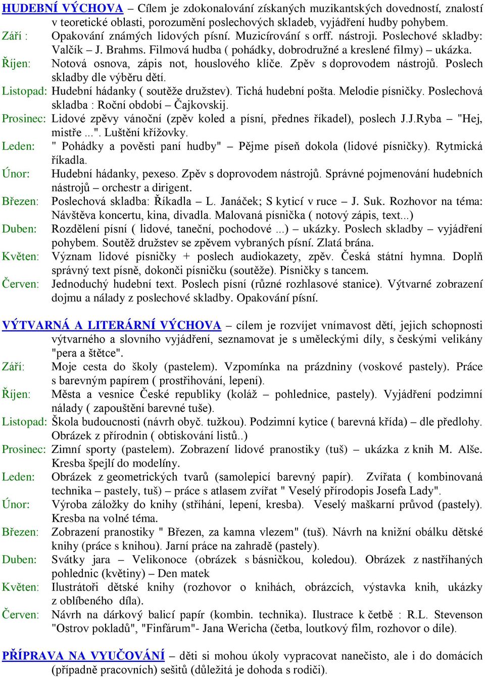 Říjen: Notová osnova, zápis not, houslového klíče. Zpěv s doprovodem nástrojů. Poslech skladby dle výběru dětí. Listopad: Hudební hádanky ( soutěže družstev). Tichá hudební pošta. Melodie písničky.