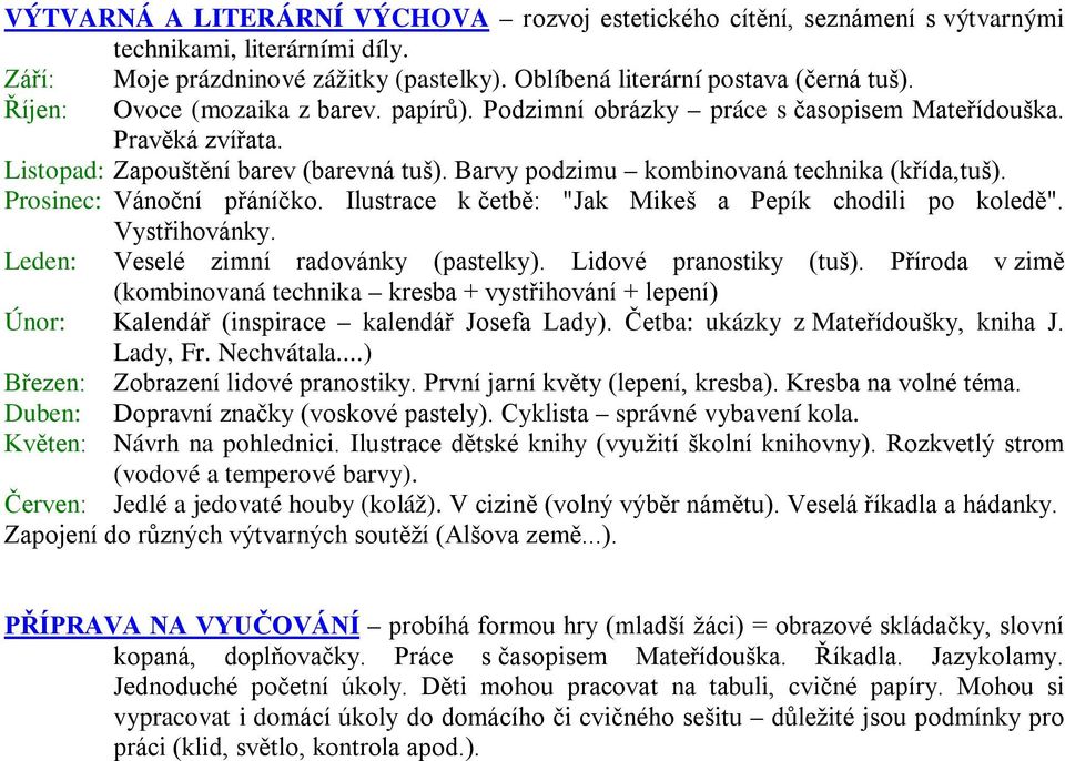 Prosinec: Vánoční přáníčko. Ilustrace k četbě: "Jak Mikeš a Pepík chodili po koledě". Vystřihovánky. Leden: Veselé zimní radovánky (pastelky). Lidové pranostiky (tuš).