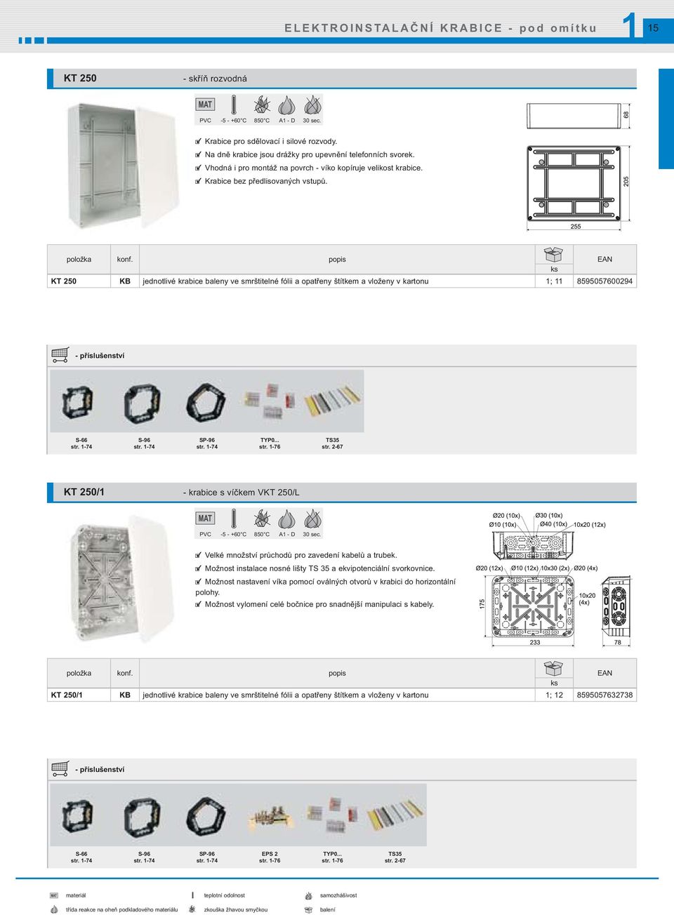 KT 250 KB jednotlivé krabice baleny ve smrštitelné fólii a opatřeny štítkem a vloženy v kartonu ; 8595057600294 S-66 str. -74 S-96 str. -74 SP-96 str. -74 TS35 str.