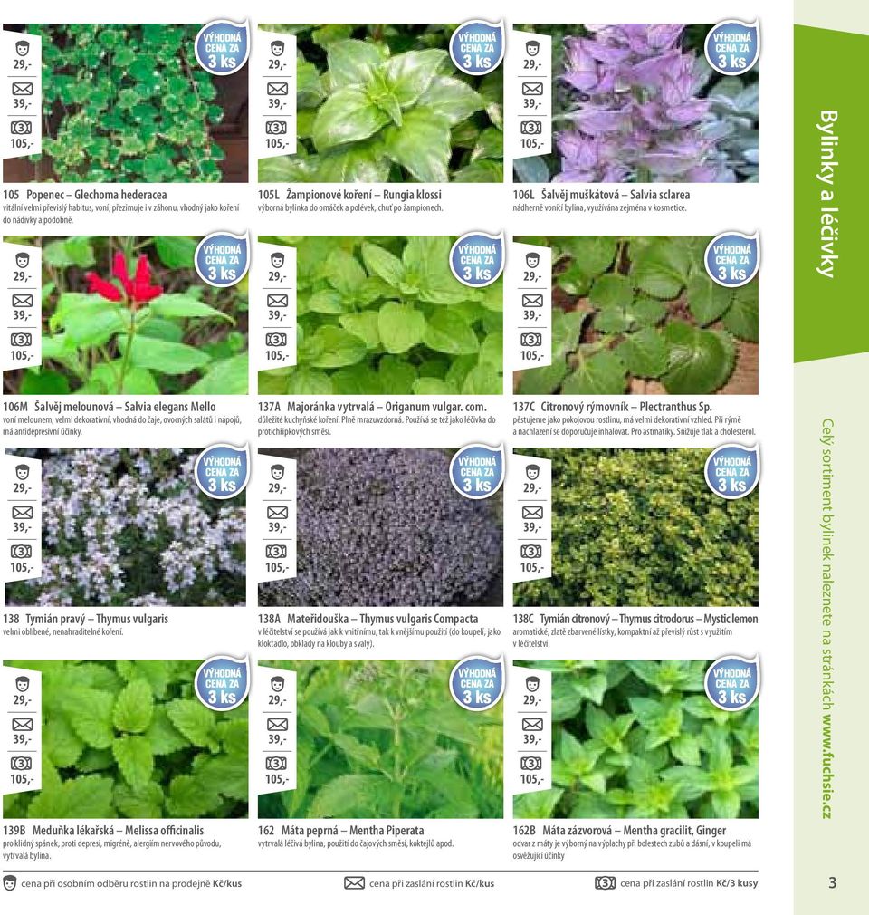 138 Tymián pravý Thymus vulgaris velmi oblíbené, nenahraditelné koření. 139B Meduňka lékařská Melissa officinalis pro klidný spánek, proti depresi, migréně, alergiím nervového původu, vytrvalá bylina.