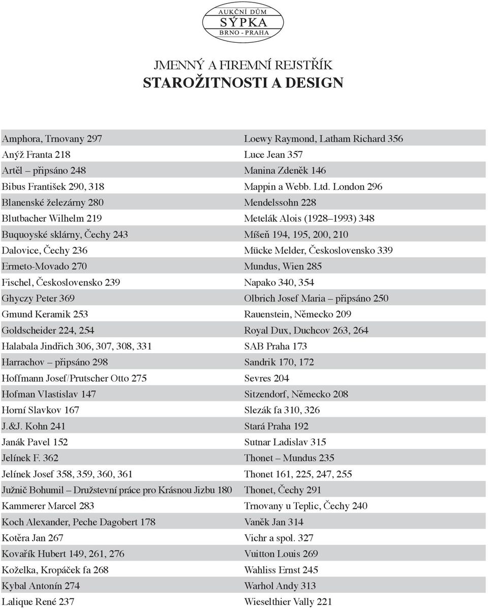 London 296 Blanenské železárny 280 Mendelssohn 228 Blutbacher Wilhelm 219 Metelák Alois (1928 1993) 348 Buquoyské sklárny, Čechy 243 Míšeň 194, 195, 200, 210 Dalovice, Čechy 236 Mücke Melder,