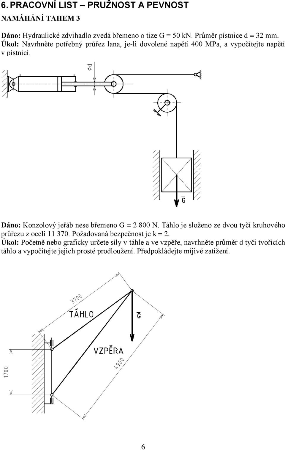 Dáno: Konzolový jeřáb nese břemeno G = 2 800 N. Táhlo je složeno ze dvou tyčí kruhového průřezu z oceli 11 370.