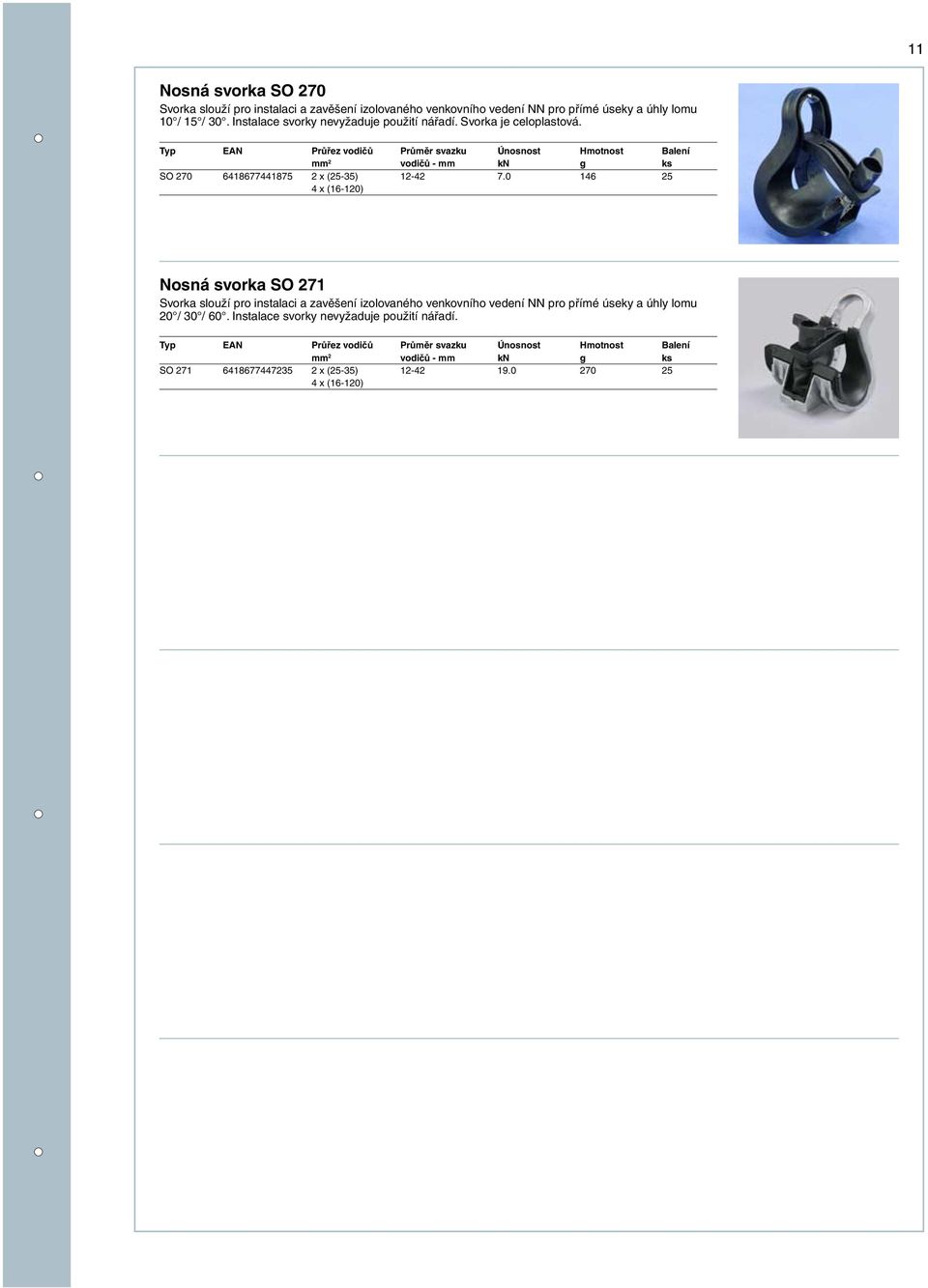 Typ EAN Průřez vodičů Průměr svazku Únosnost Hmotnost Balení mm 2 vodičů - mm kn g ks SO 270 6418677441875 2 x (25-35) 12-42 7.
