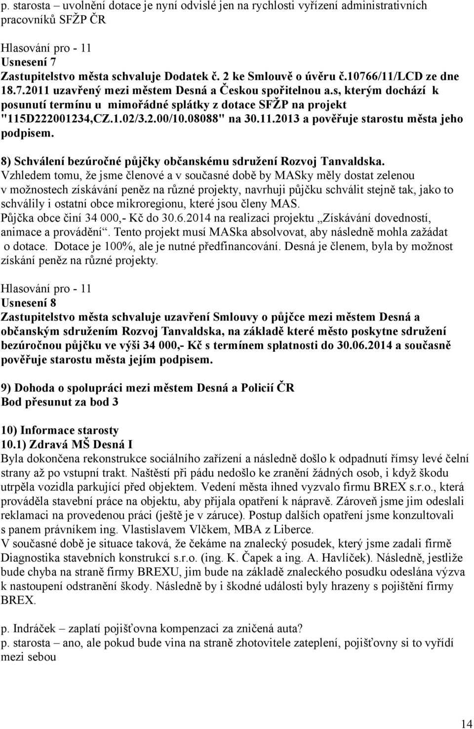 08088" na 30.11.2013 a pověřuje starostu města jeho podpisem. 8) Schválení bezúročné půjčky občanskému sdružení Rozvoj Tanvaldska.