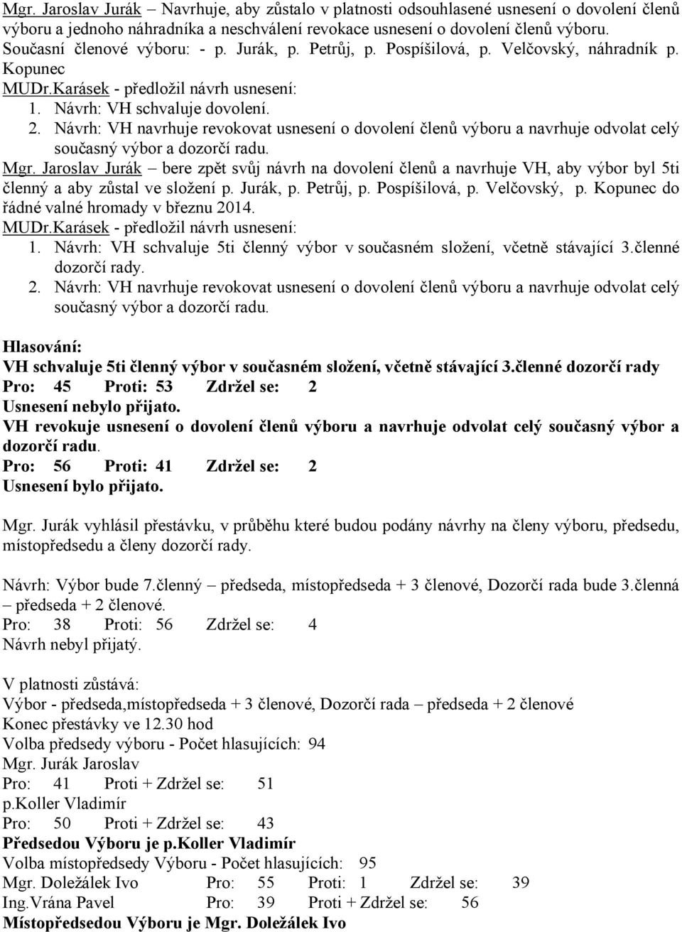 Návrh: VH navrhuje revokovat usnesení o dovolení členů výboru a navrhuje odvolat celý současný výbor a dozorčí radu. Mgr.