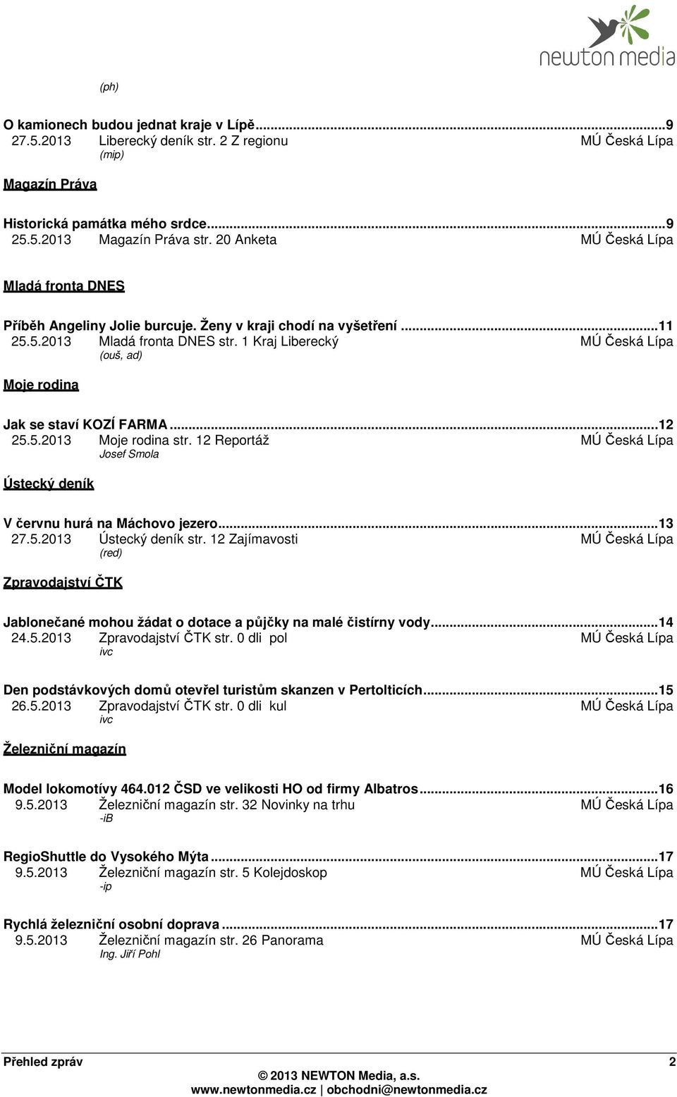 1 Kraj Liberecký MÚ Česká Lípa (ouš, ad) Moje rodina Jak se staví KOZÍ FARMA... 12 25.5.2013 Moje rodina str. 12 Reportáž MÚ Česká Lípa Josef Smola Ústecký deník V červnu hurá na Máchovo jezero.