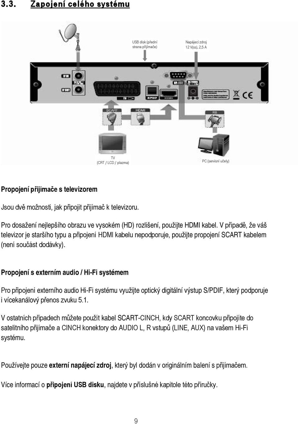 V případě, že váš televizor je staršího typu a připojení HDMI kabelu nepodporuje, použijte propojení SCART kabelem (není součást dodávky).