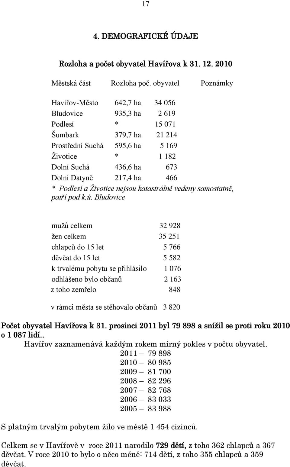 Datyně 217,4 ha 466 * Podlesí a Životice nejsou katastrálně vedeny samostatně, patří pod k.ú.