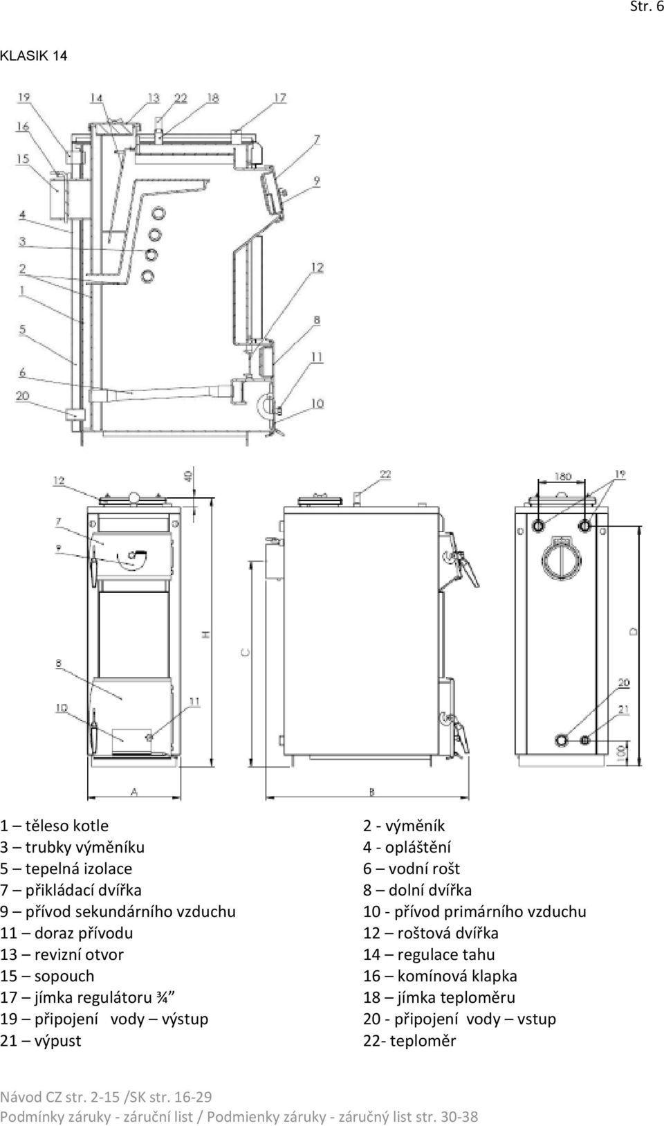 doraz přívodu 12 roštová dvířka 13 revizní otvor 14 regulace tahu 15 sopouch 16 komínová klapka 17