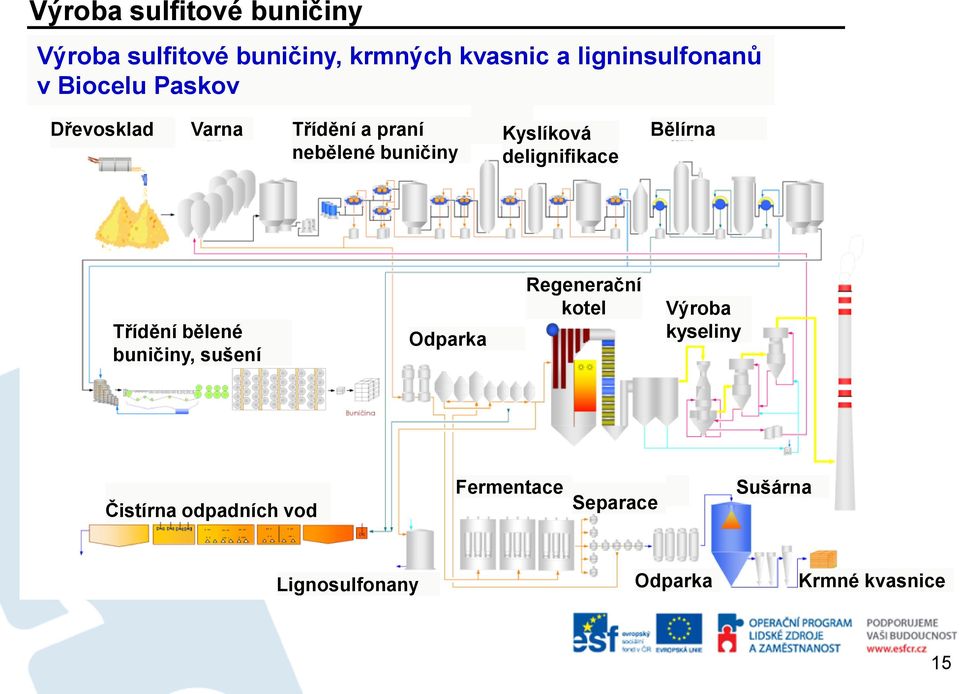 delignifikace Bělírna Třídění bělené buničiny, sušení Odparka Regenerační kotel Výroba