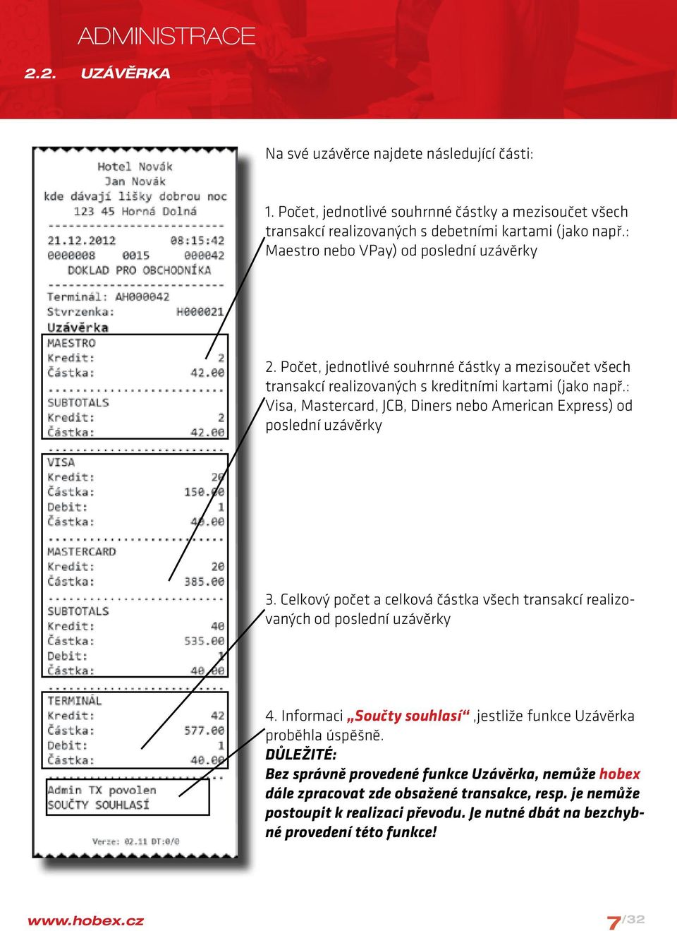 : Visa, Mastercard, JCB, Diners nebo American Express) od poslední uzávěrky 3. Celkový počet a celková částka všech transakcí realizovaných od poslední uzávěrky 4.