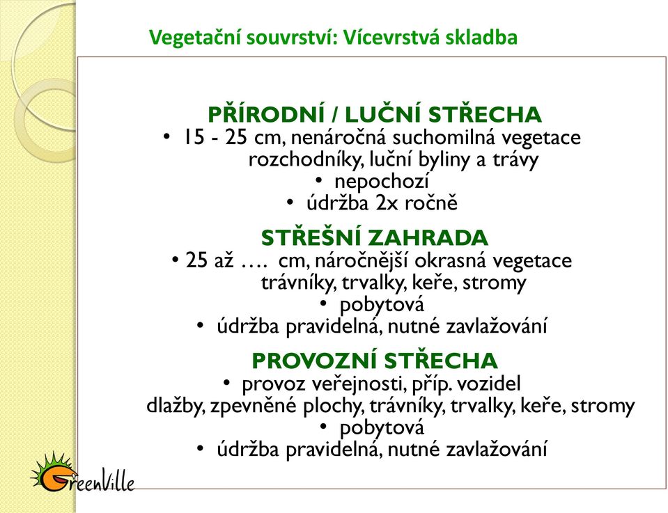 cm, náročnější okrasná vegetace trávníky, trvalky, keře, stromy pobytová údržba pravidelná, nutné zavlažování