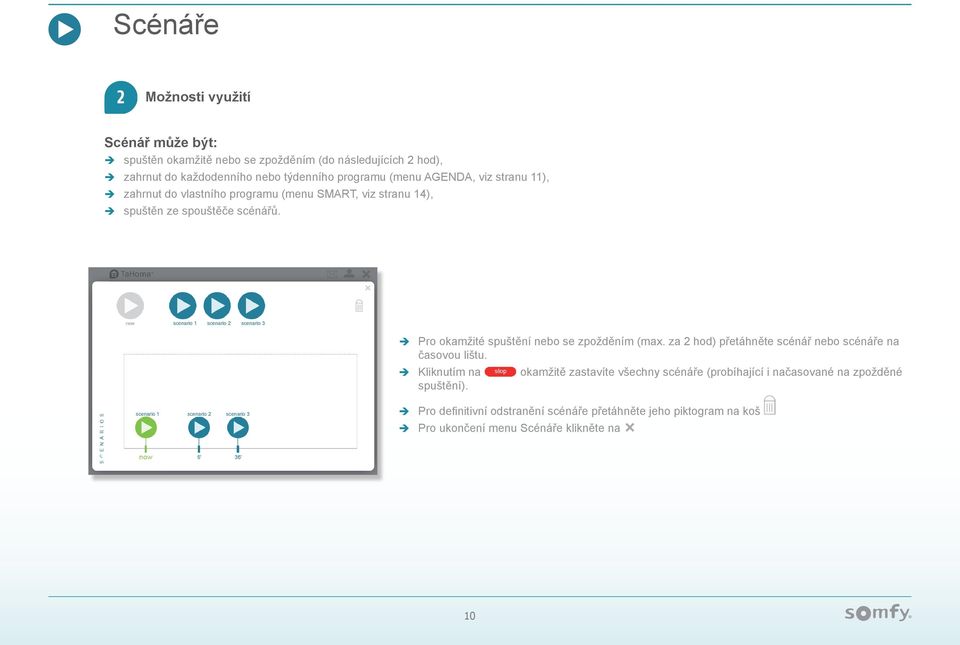 scenario 1 scenario 2 scenario 3 Pro okamžité spuštění nebo se zpožděním (max. za 2 hod) přetáhněte scénář nebo scénáře na časovou lištu.