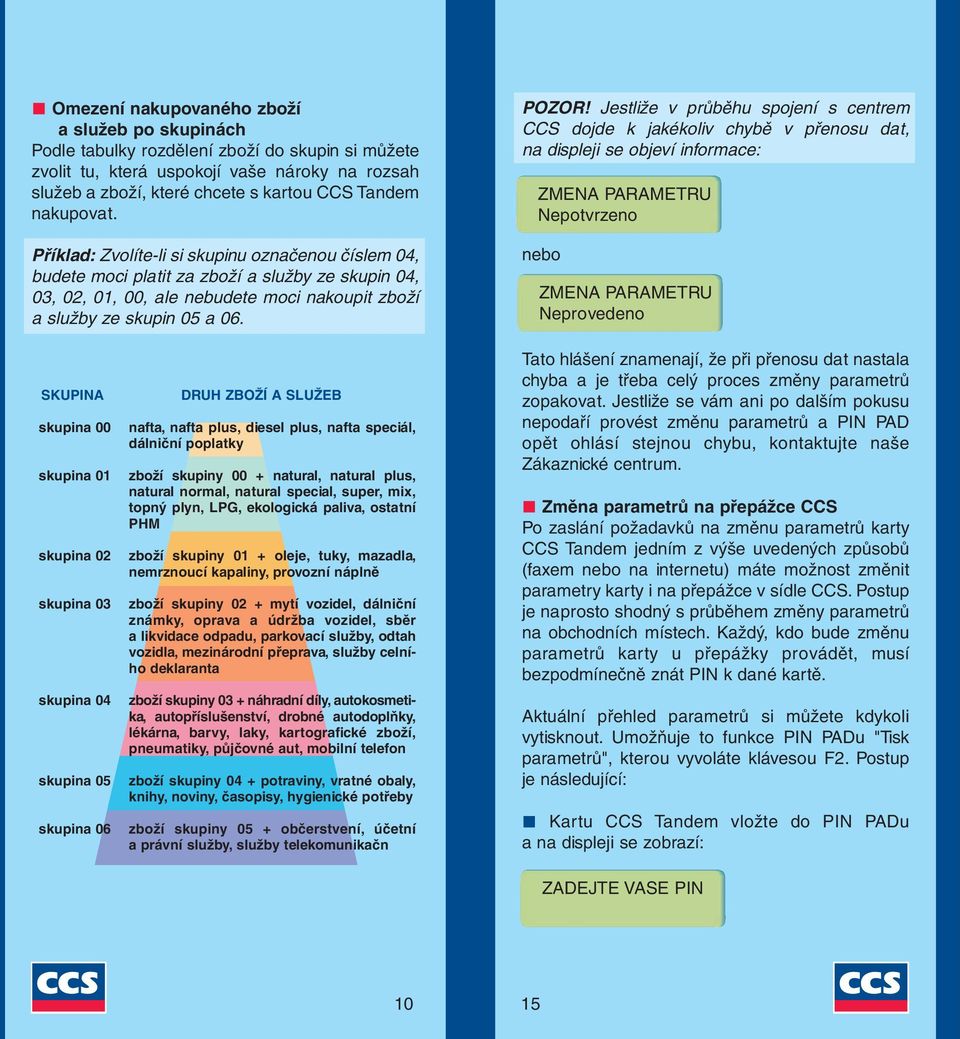 Jestliže v průběhu spojení s centrem CCS dojde k jakékoliv chybě v přenosu dat, na displeji se objeví informace: ZMENA PARAMETRU Nepotvrzeno nebo ZMENA PARAMETRU Neprovedeno SKUPINA skupina 00