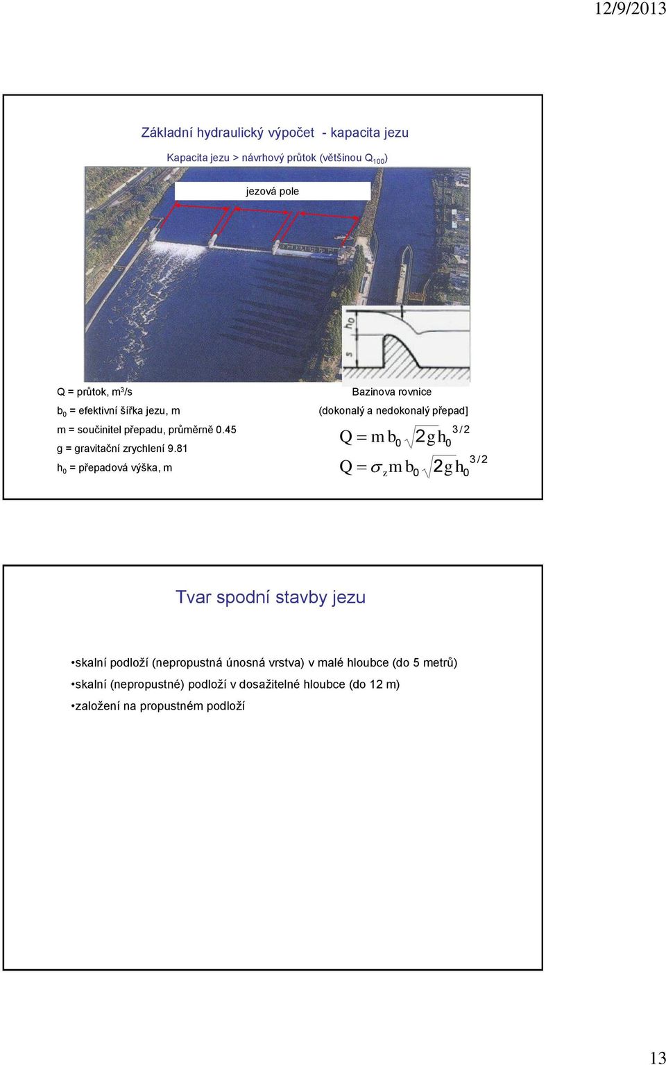 81 h 0 = přepadová výška, m Bazinova rovnice (dokonalý a nedokonalý přepad] Q m b 0 Q zm b gh 0 3/ 0 gh 3/ 0 Tvar spodní stavby