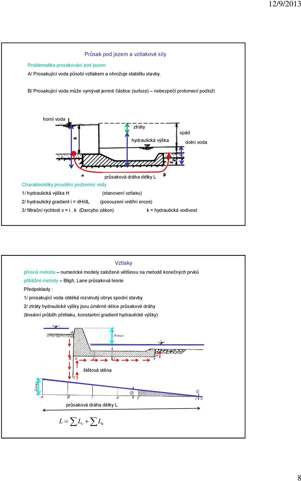 1/ hydraulická výška H (stanovení vztlaku) / hydraulický gradient i = dh/dl (posouzení vnitřní eroze) 3/ filtrační rychlost v = i.