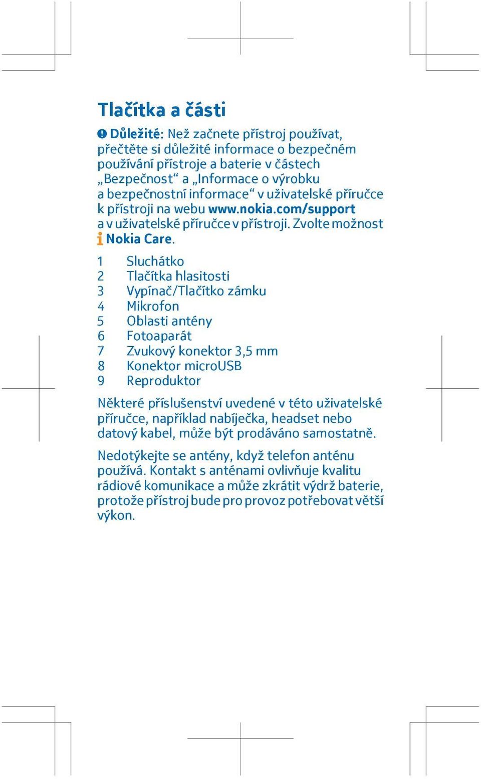 1 Sluchátko 2 Tlačítka hlasitosti 3 Vypínač/Tlačítko zámku 4 Mikrofon 5 Oblasti antény 6 Fotoaparát 7 Zvukový konektor 3,5 mm 8 Konektor microusb 9 Reproduktor Některé příslušenství uvedené v této