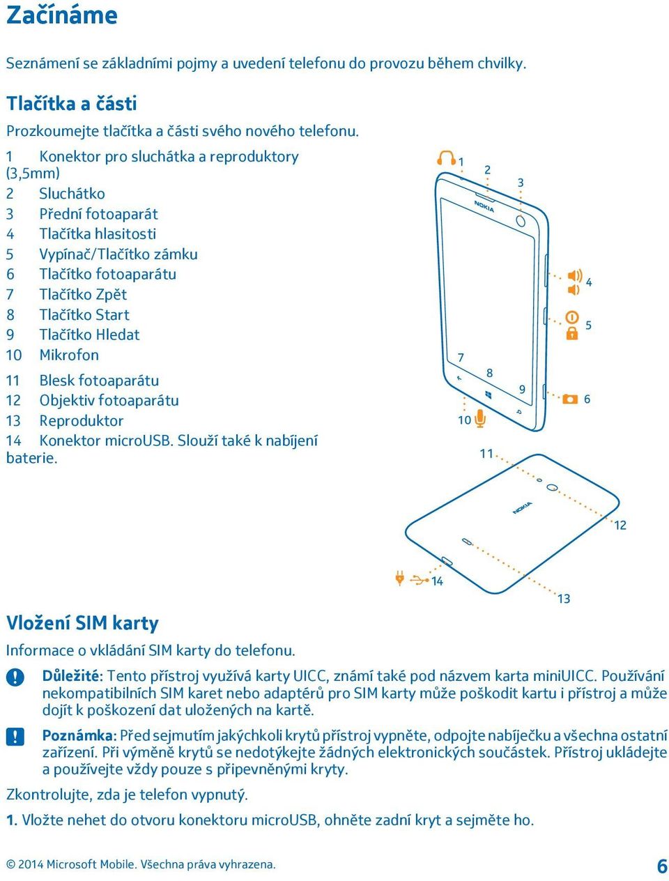 Hledat 10 Mikrofon 11 Blesk fotoaparátu 12 Objektiv fotoaparátu 13 Reproduktor 14 Konektor microusb. Slouží také k nabíjení baterie. Vložení SIM karty Informace o vkládání SIM karty do telefonu.