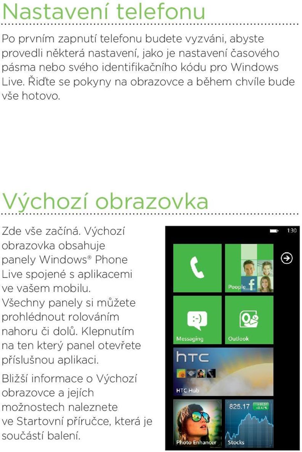 Výchozí obrazovka obsahuje panely Windows Phone Live spojené s aplikacemi ve vašem mobilu.