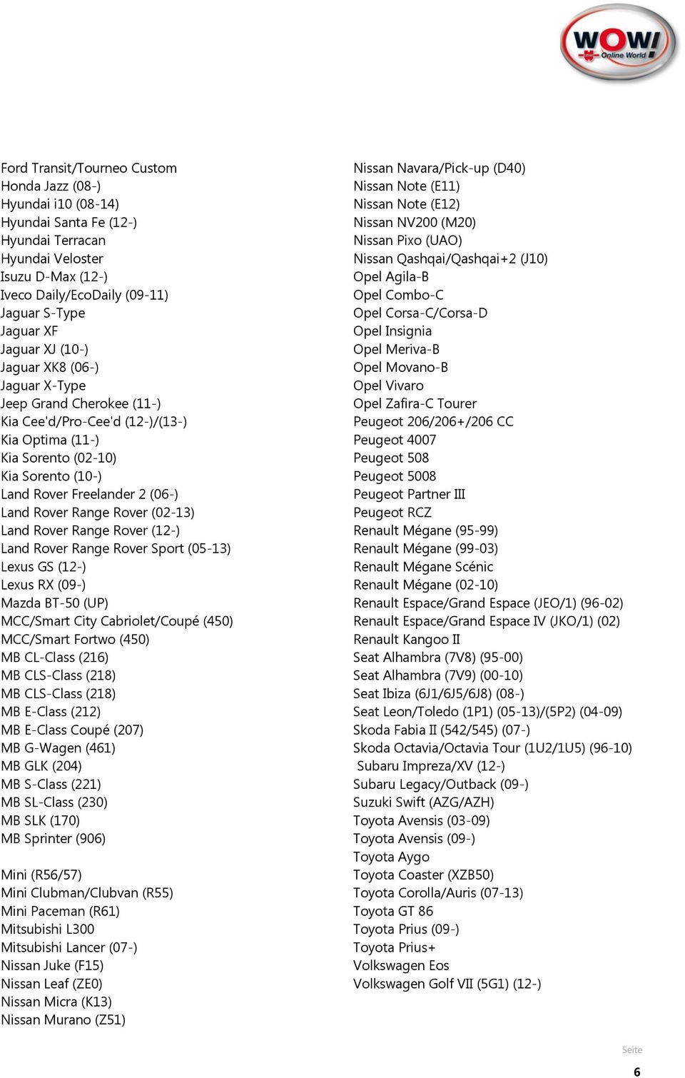 Rover (02-13) Land Rover Range Rover (12-) Land Rover Range Rover Sport (05-13) Lexus GS (12-) Lexus RX (09-) Mazda BT-50 (UP) MCC/Smart City Cabriolet/Coupé (450) MCC/Smart Fortwo (450) MB CL-Class