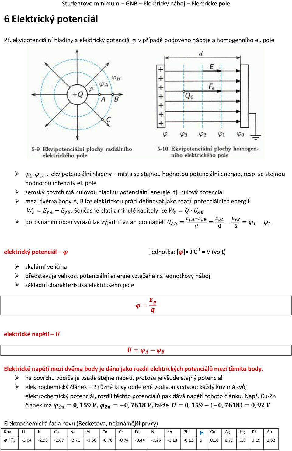nulový potenciál mezi dvěma body A, B lze elektrickou práci definovat jako rozdíl potenciálních energií:.